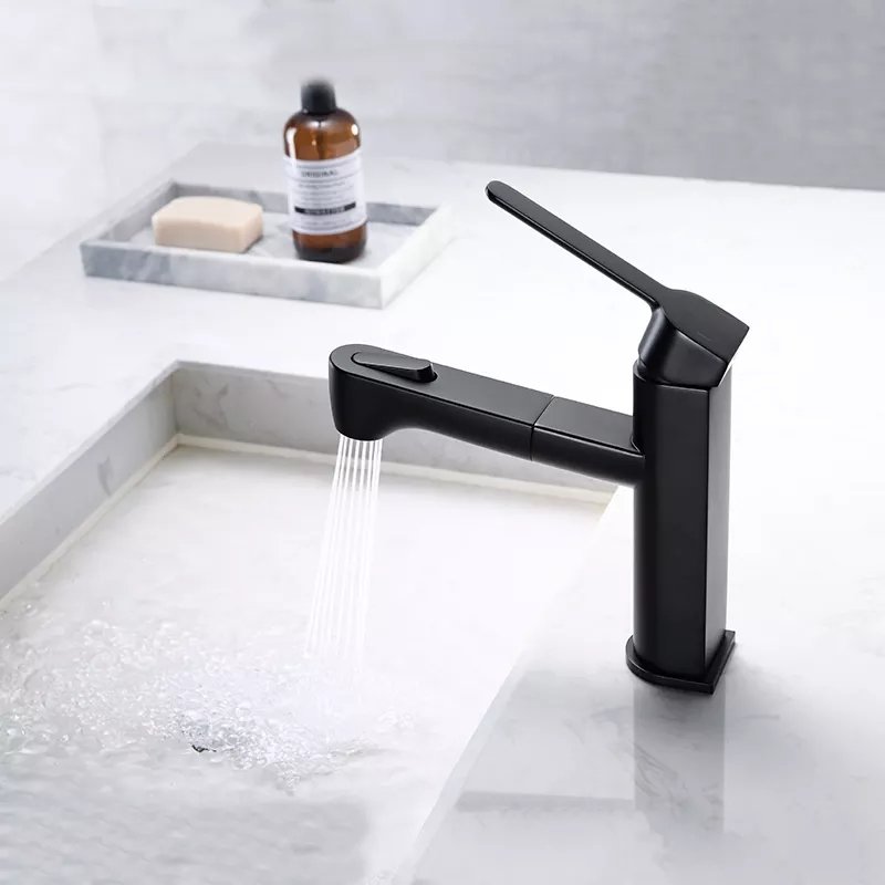 Modern Black Lead-Free Bathroom Faucet Single Hole Pull-Out Solid Brass Basin Faucet Ceramic Valve Core Deck Mounted Hotel
