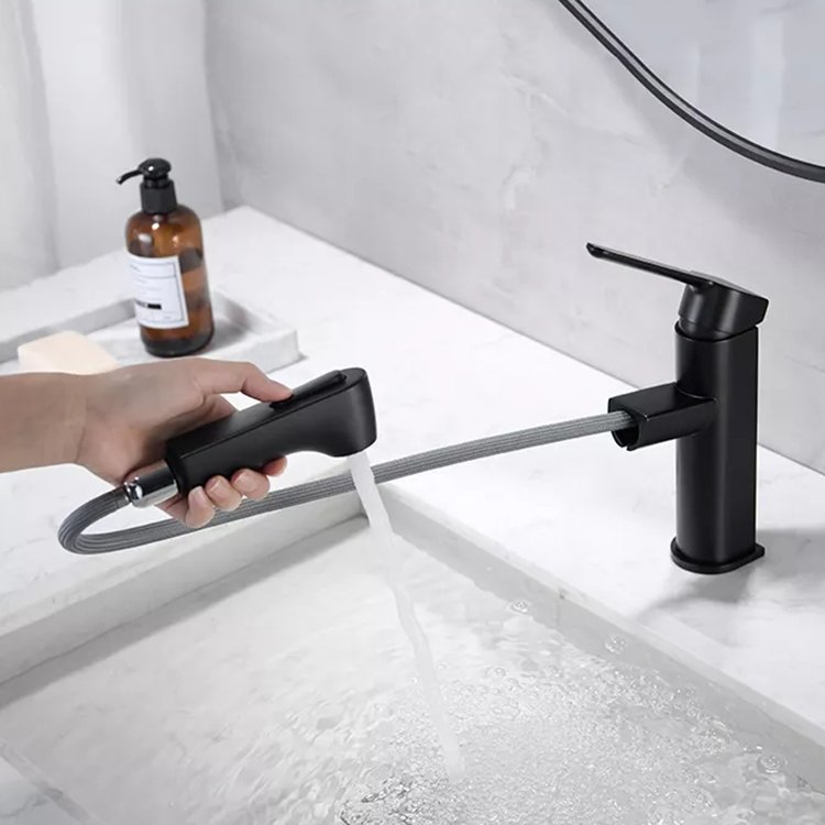 Modern Black Lead-Free Bathroom Faucet Single Hole Pull-Out Solid Brass Basin Faucet Ceramic Valve Core Deck Mounted Hotel