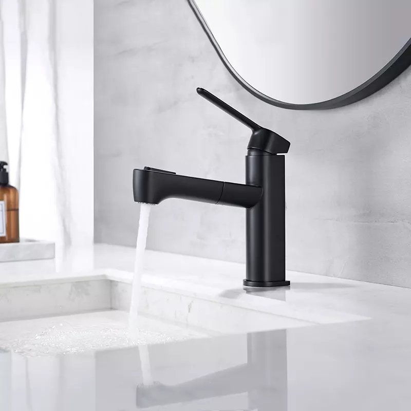 Modern Black Lead-Free Bathroom Faucet Single Hole Pull-Out Solid Brass Basin Faucet Ceramic Valve Core Deck Mounted Hotel
