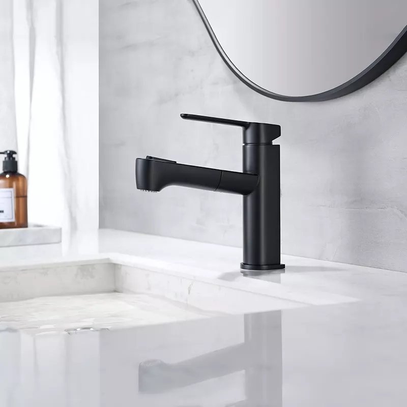 Modern Black Lead-Free Bathroom Faucet Single Hole Pull-Out Solid Brass Basin Faucet Ceramic Valve Core Deck Mounted Hotel