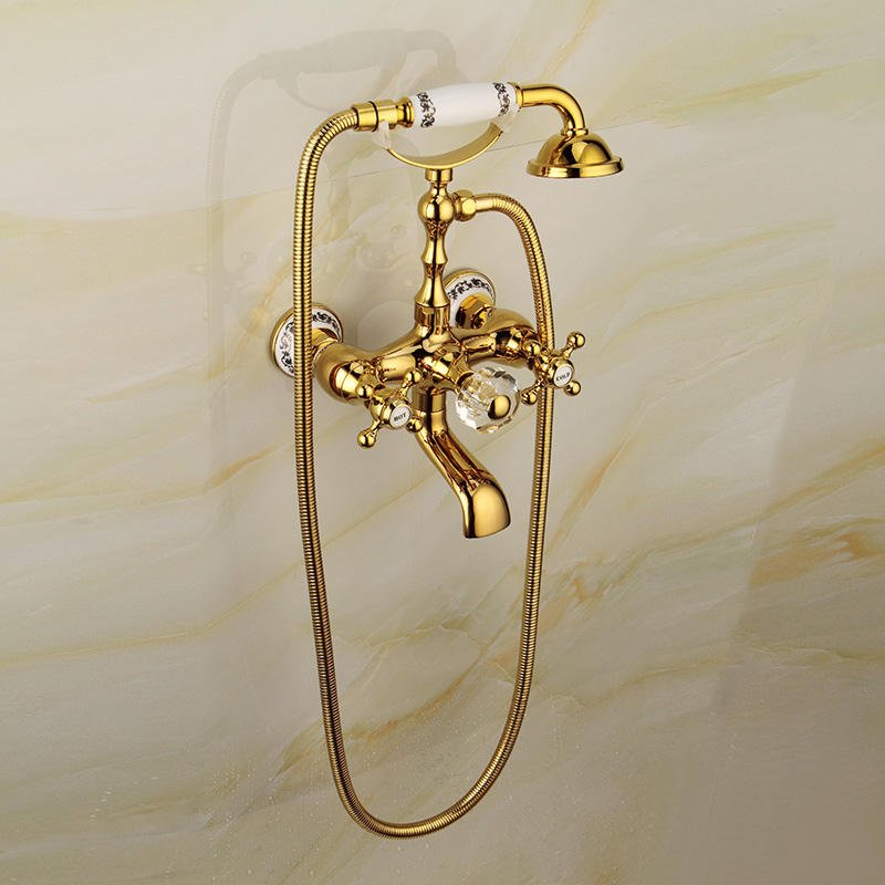 European Style Gold Brass Wall Mounted Bath Faucet Set Double Handle Tub Faucet Rain Spray Pattern Ceramic Valve Core Hotels