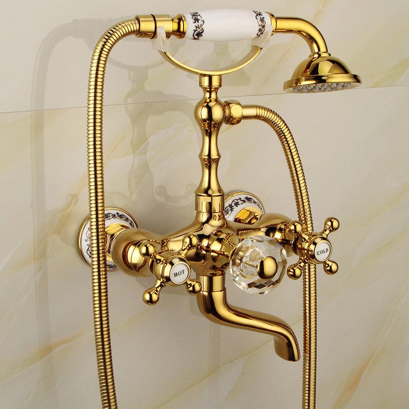 European Style Gold Brass Wall Mounted Bath Faucet Set Double Handle Tub Faucet Rain Spray Pattern Ceramic Valve Core Hotels