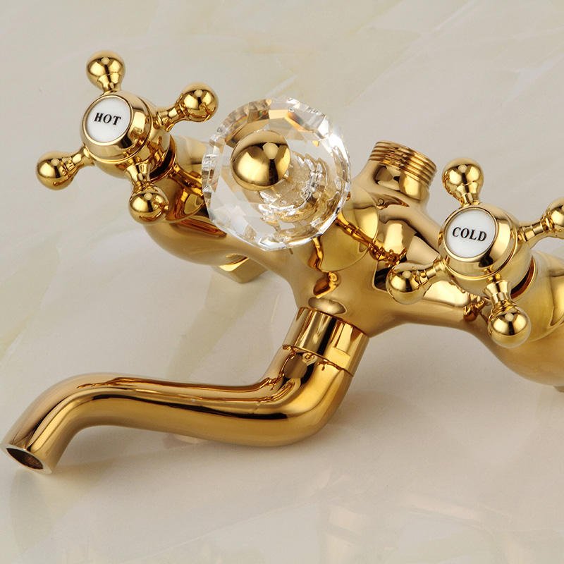 European Style Gold Brass Wall Mounted Bath Faucet Set Double Handle Tub Faucet Rain Spray Pattern Ceramic Valve Core Hotels