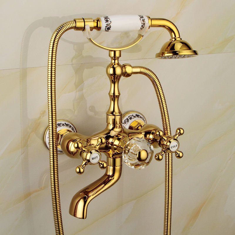 European Style Gold Brass Wall Mounted Bath Faucet Set Double Handle Tub Faucet Rain Spray Pattern Ceramic Valve Core Hotels