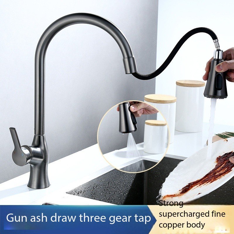 Modern Single-Hole Kitchen Faucet Hot Cold Brass Copper Pull-Out Dishwashing Basin Ceramic Valve Multifunctional Kitchen Use