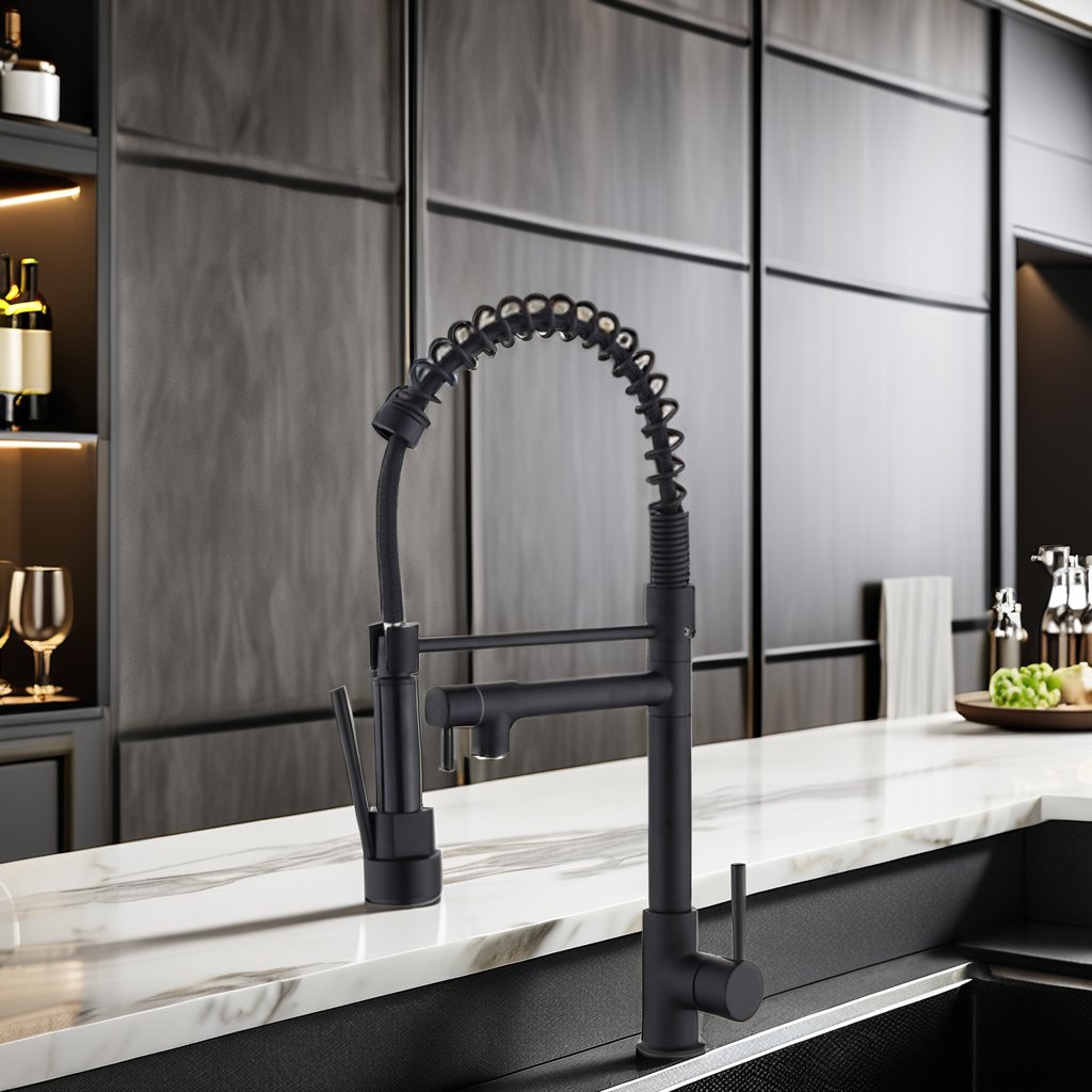 Modern Black Single Handle Kitchen Faucet with Pull-Out Sprayer Dual Spring Tube Ceramic Valve Core Dual control water mode
