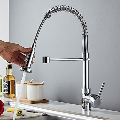 Classic Single Handle Spring Kitchen Faucet with Ceramic Valve Core Spring-Pull Blackened Mixer Cover Plate Included