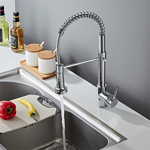 Classic Single Handle Spring Kitchen Faucet with Ceramic Valve Core Spring-Pull Blackened Mixer Cover Plate Included