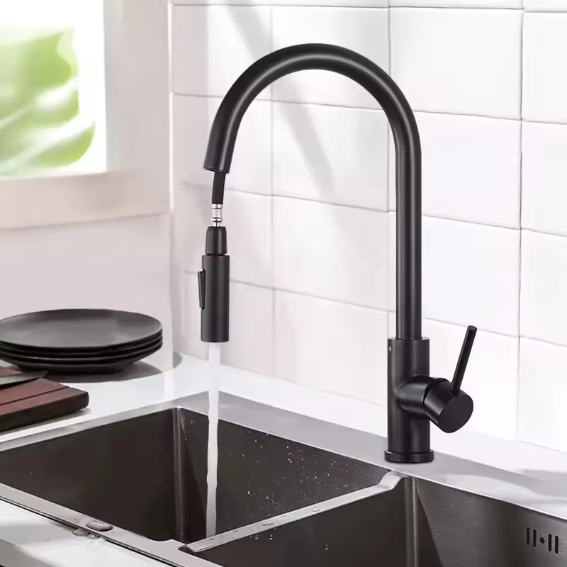2024 Modern Stainless Steel Kitchen Faucet Single Brass Pull Sprayer Black 304 Water Tap Ceramic Kitchen Mixer Sink Faucets