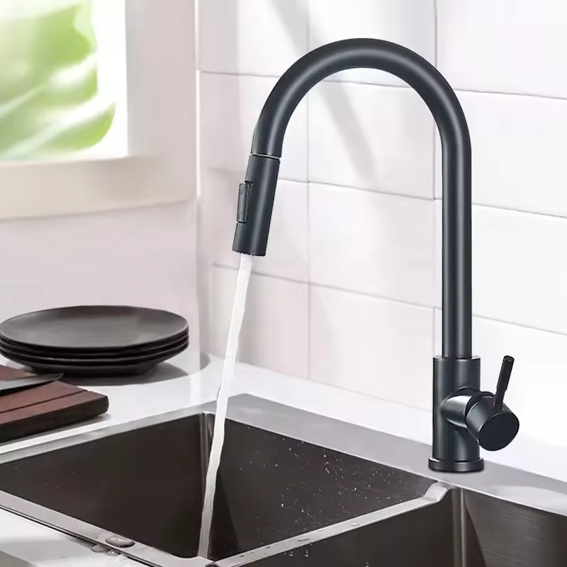 2024 Modern Stainless Steel Kitchen Faucet Single Brass Pull Sprayer Black 304 Water Tap Ceramic Kitchen Mixer Sink Faucets