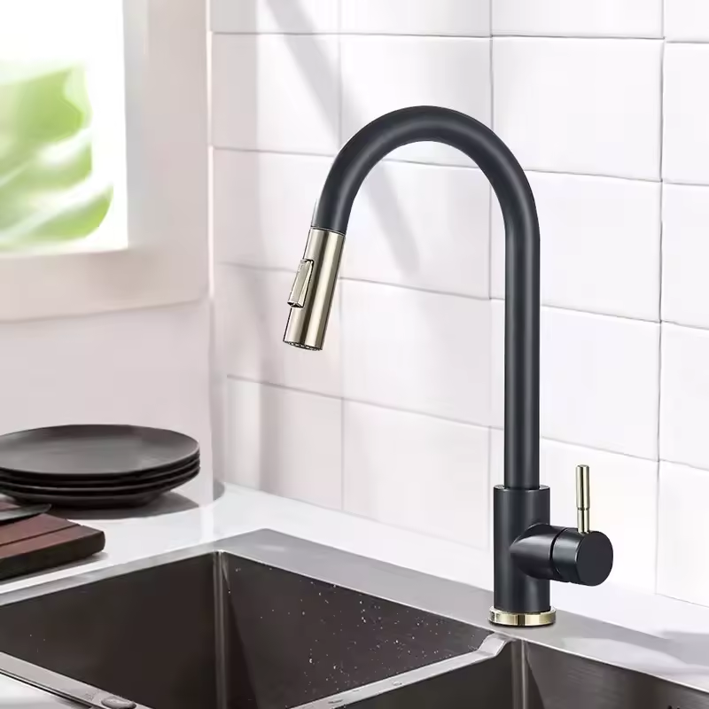 2024 Modern Stainless Steel Kitchen Faucet Single Brass Pull Sprayer Black 304 Water Tap Ceramic Kitchen Mixer Sink Faucets