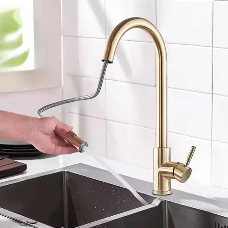 2024 Modern Stainless Steel Kitchen Faucet Single Brass Pull Sprayer Black 304 Water Tap Ceramic Kitchen Mixer Sink Faucets