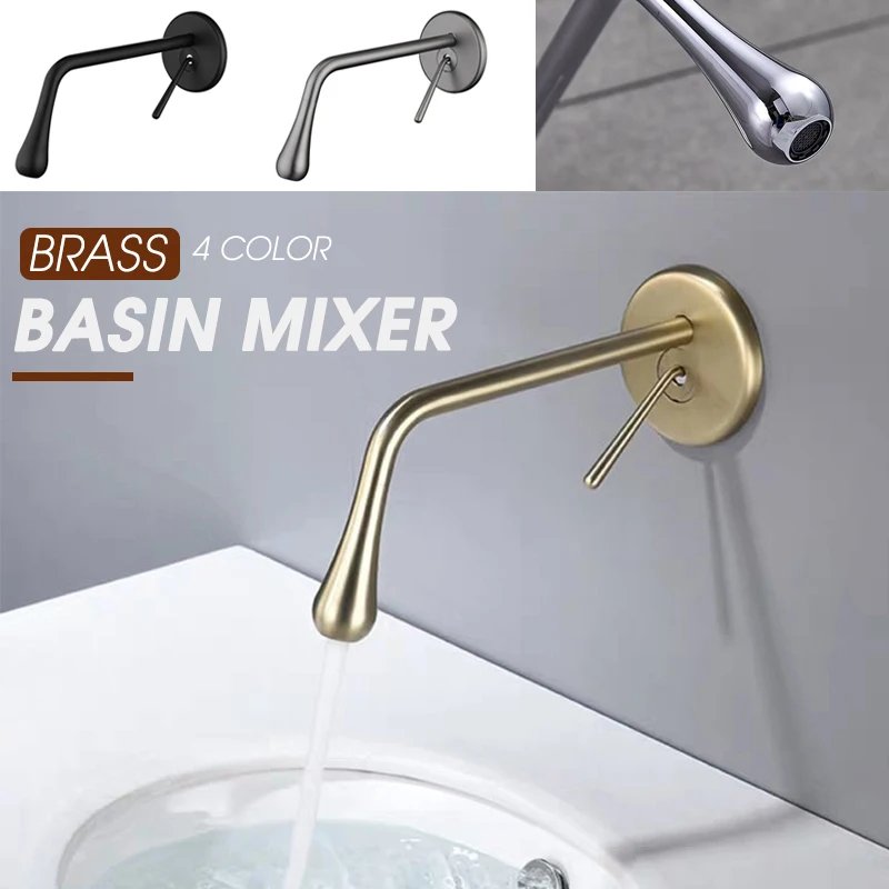 In Wall Mounted Concealed Basin Faucet Brass Valve Drop Shape Brushed Gold Grey Black Chrome Color Hot and Cold