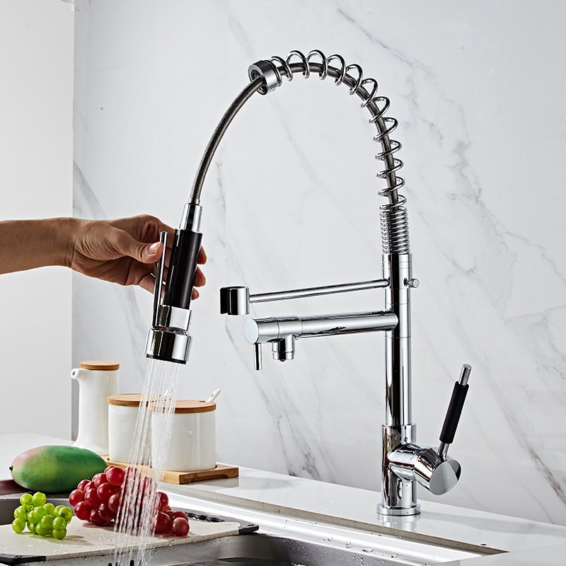 Bolei Kitchen Faucet - Single Handle, Long Neck, Ceramic Style, Brass Finish, Solid Family and Hotel Use, Spray Core