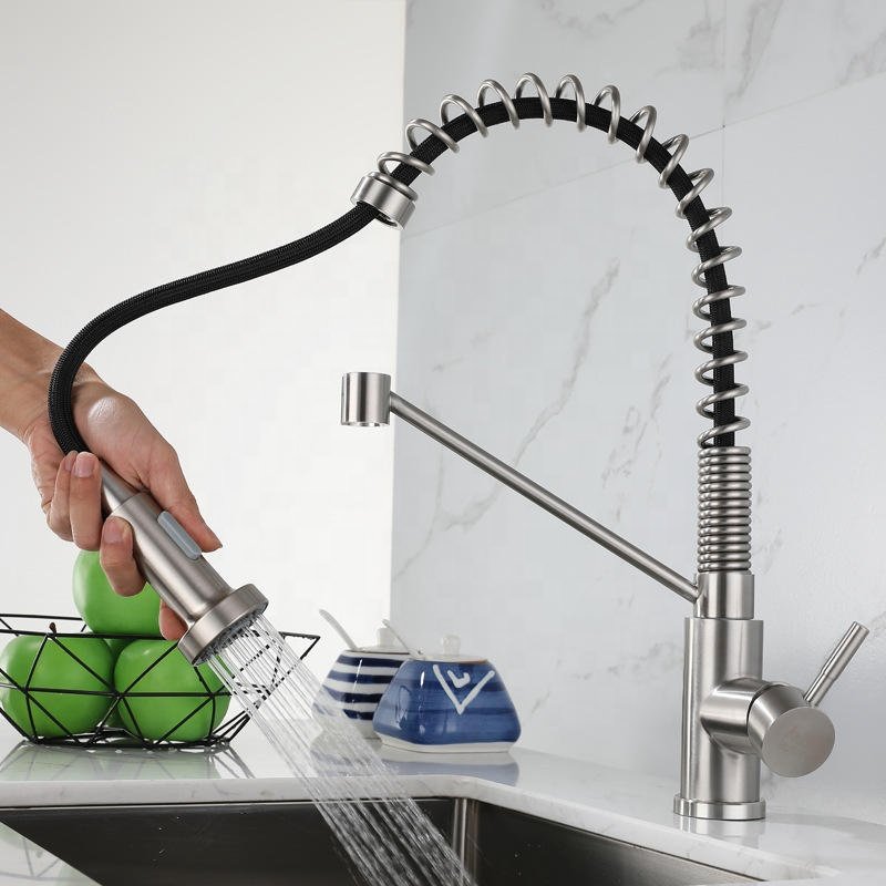 High Quality Commercial Kitchen Mixer Water Tap with Pull Down Sprayer Single Handle Kitchen Sink Faucet Brushed