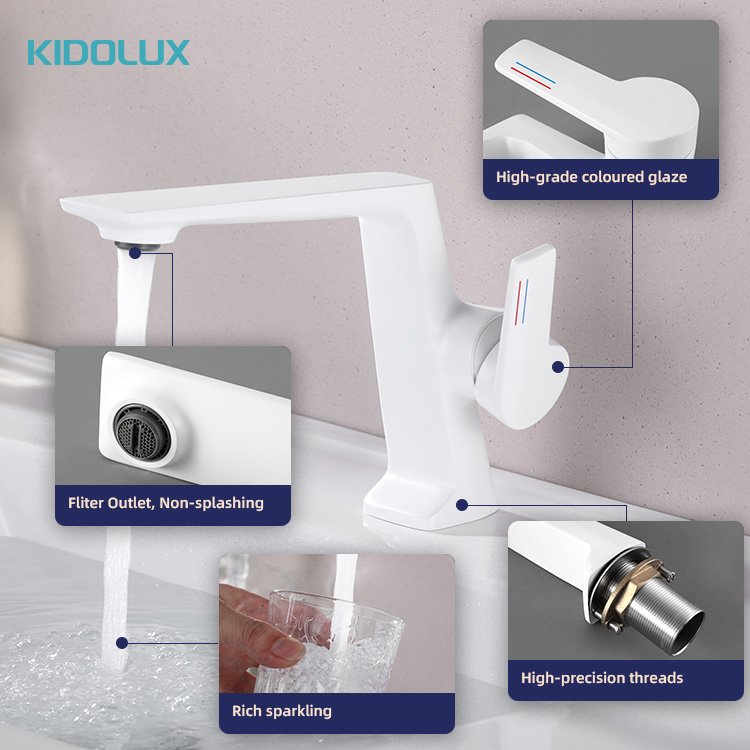 Kidolux Modern Bathroom Sink Tap Deck Mounted Matt White Single Handle Cold Water Wash Hand Zinc Square Basin Faucet Tap