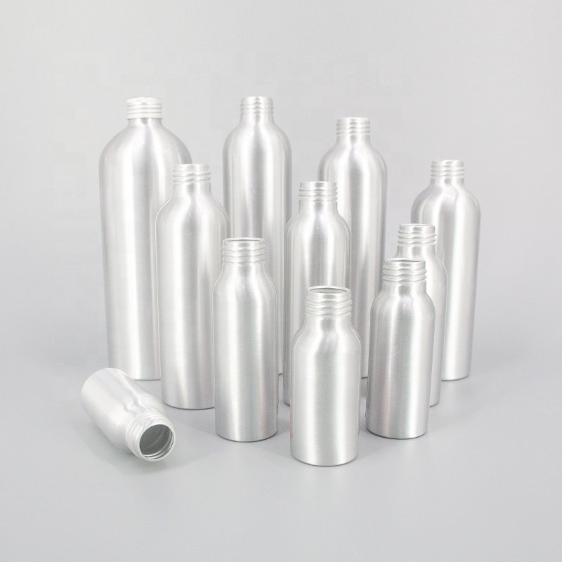 Custom wholesale empty aluminium bottles food grade cosmetics packaging bottle with screw cover