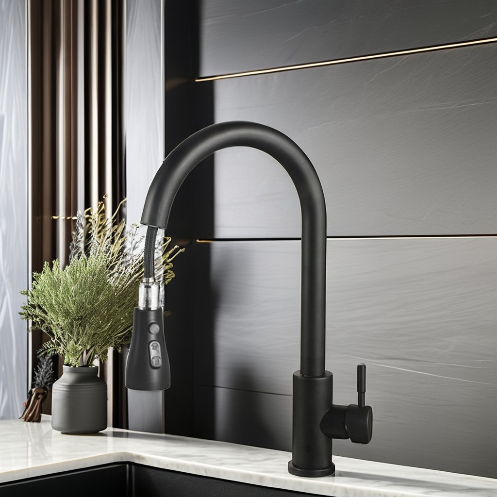 BM- 3099 Modern Wall-Mounted Black Silver Pull-Out Hot Cold Water Tap Ceramic Valve Core Zinc Single Handle Kitchen Faucet Mixer