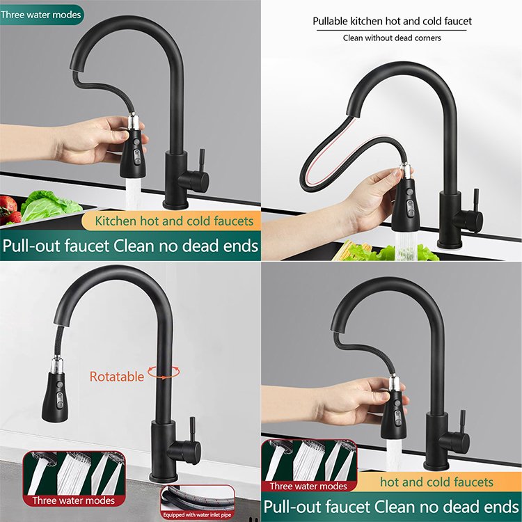 BM- 3099 Modern Wall-Mounted Black Silver Pull-Out Hot Cold Water Tap Ceramic Valve Core Zinc Single Handle Kitchen Faucet Mixer