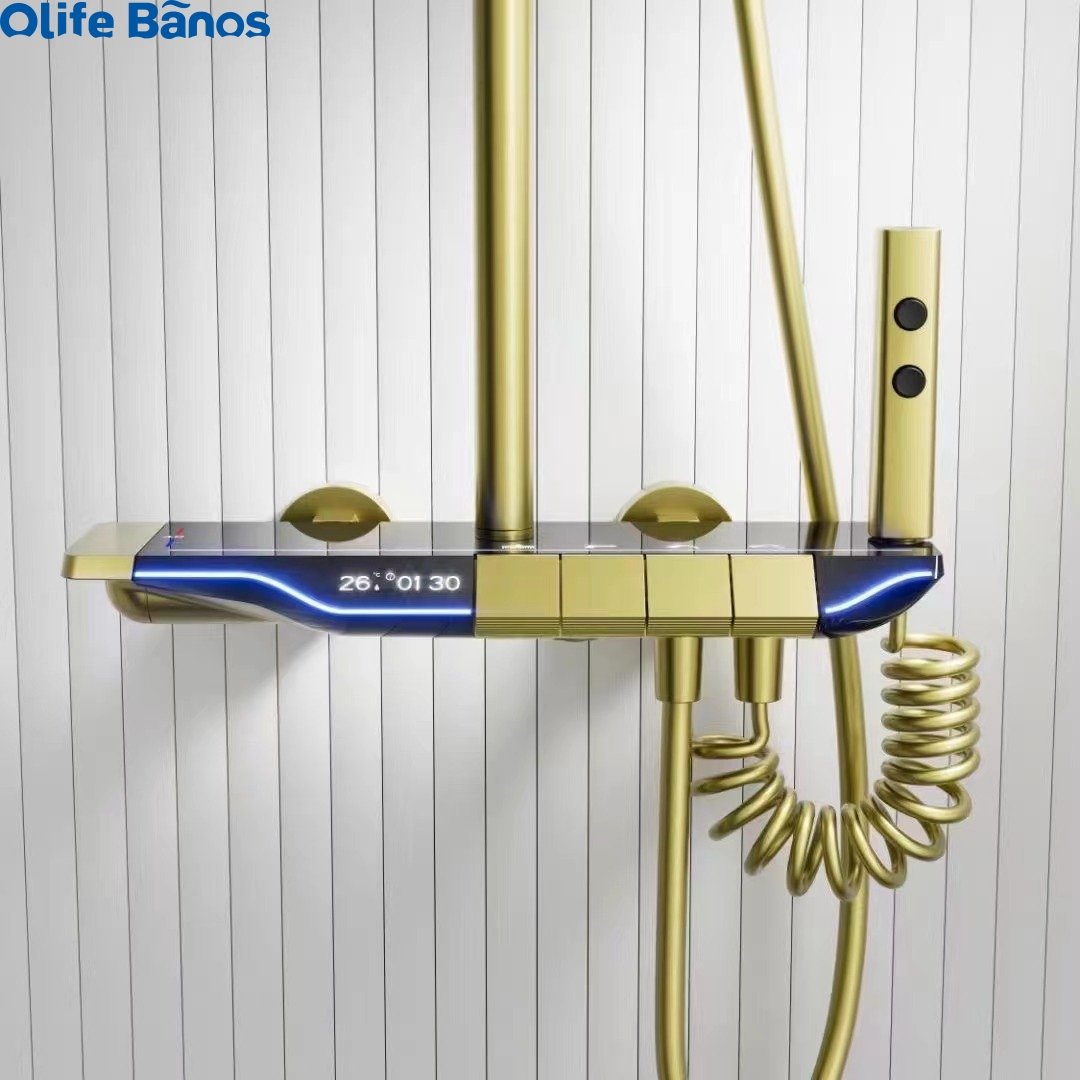 2024 New Design Gold Piano Key LED Shower Set 4 Functions Constant Temperature Digital Display Brass Bathroom Shower Faucet Set