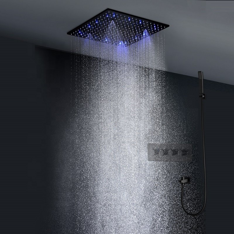 Bath Ceiling 20 inch LED Shower Head Bathroom Rain Mist Spray Shower System Thermostatic Shower Black Faucet Sets