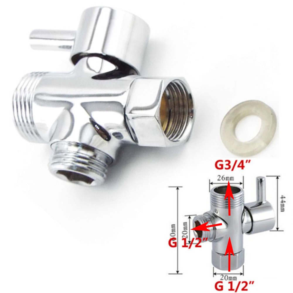 G1/2 Female Inlet x G1/2 & G3/4 Outlet, Hand Held Showerhead and Fixed Spray Head Chrome Diverter Valve for Shower Arm