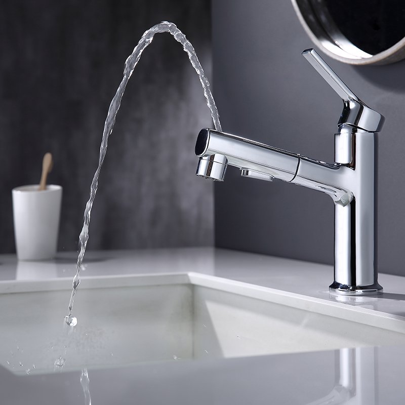 Single Lever Bathroom Basin Faucet Polished Vanity Sink Tap with Pull Out Spray and Face Washing Function