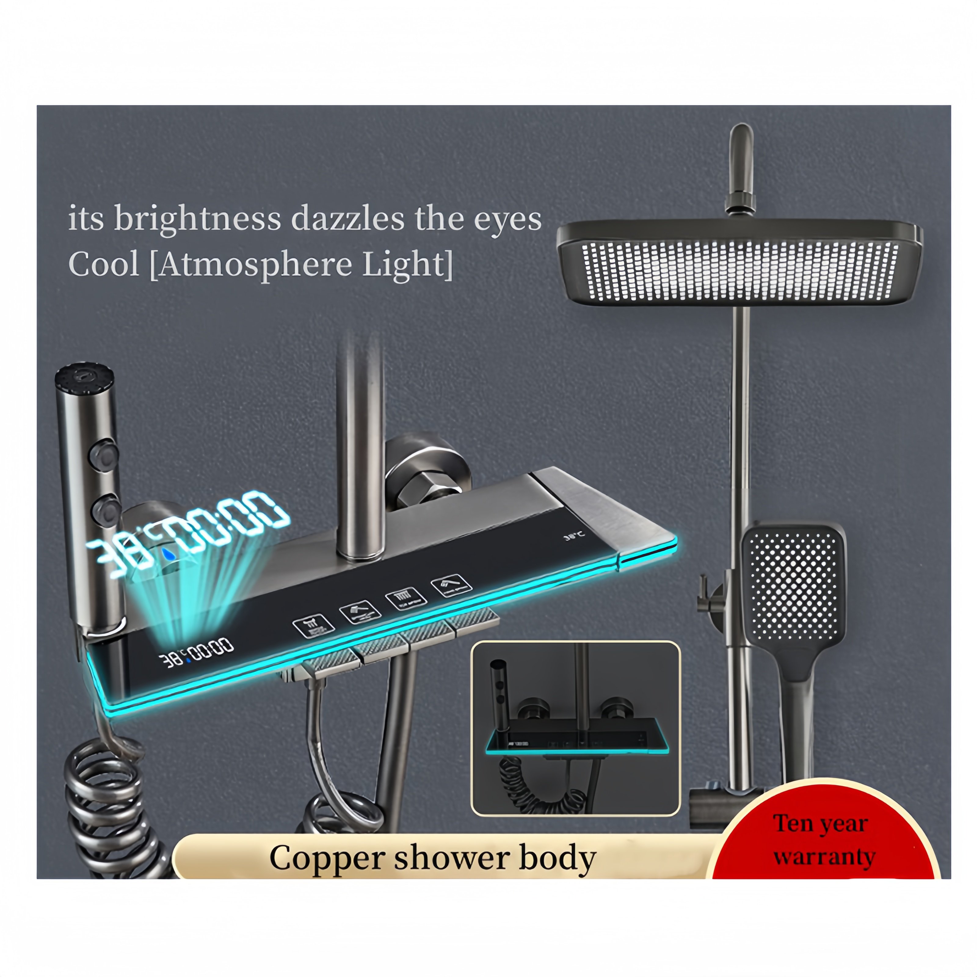 Gray Bathroom Digital Display Faucet Shower System Brass Material Hot Cold Functional Tap Rain Jet Spray Pattern Ceramic Valve