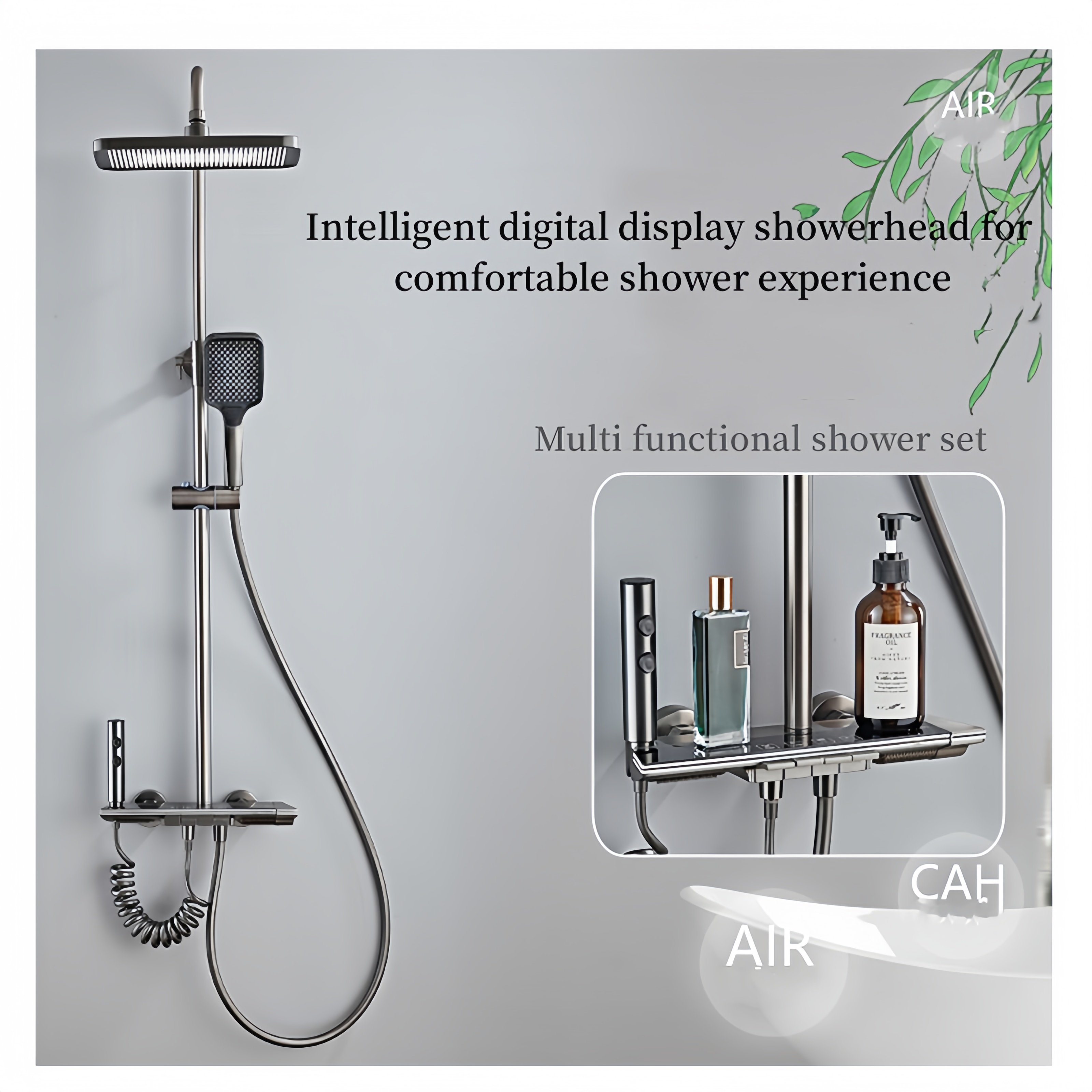 Gray Bathroom Digital Display Faucet Shower System Brass Material Hot Cold Functional Tap Rain Jet Spray Pattern Ceramic Valve