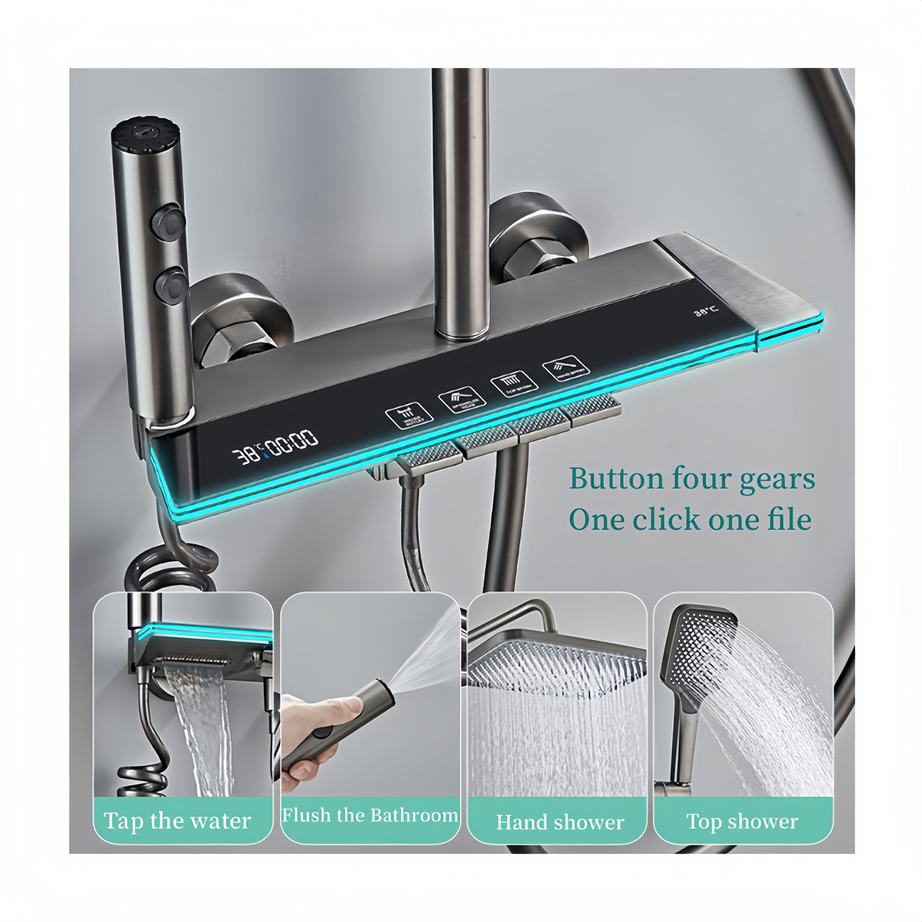 Gray Bathroom Digital Display Faucet Shower System Brass Material Hot Cold Functional Tap Rain Jet Spray Pattern Ceramic Valve