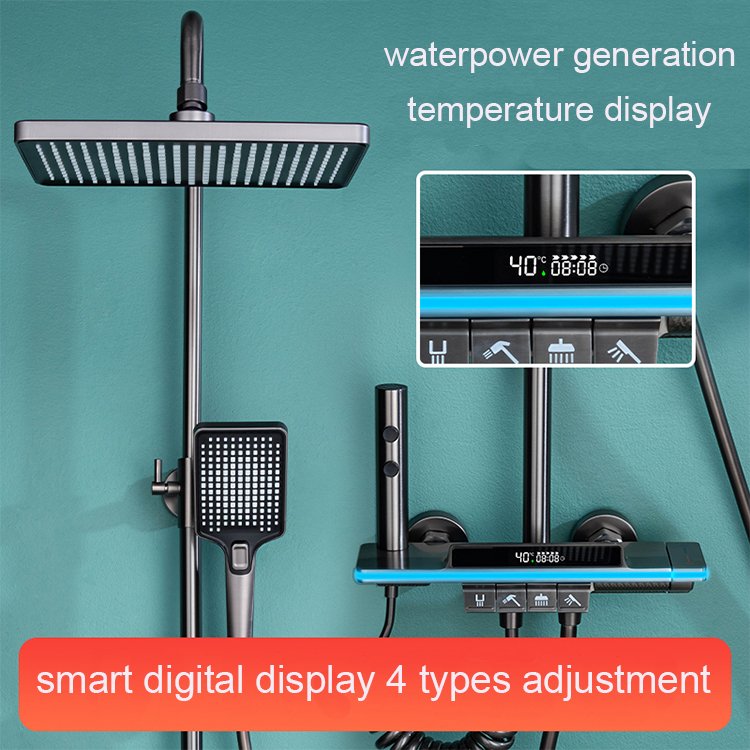 Smart Digital Display SS-1296 Shower Faucet System Gun Gray Brass Bathroom Piano Keypad 4 Way Chrome Brushed Finish Rain Soft