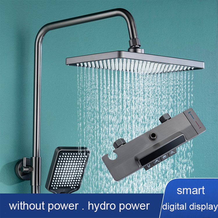 Smart Digital Display SS-1296 Shower Faucet System Gun Gray Brass Bathroom Piano Keypad 4 Way Chrome Brushed Finish Rain Soft
