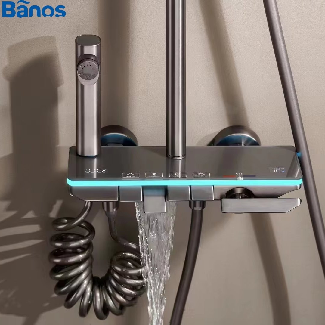 Olife Banos factory wholesale new design bathroom gunmetal white color led light piano key shower faucet hot cold shower set