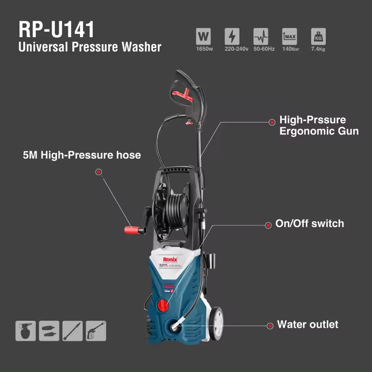 Ronix RP-U141 1650W Carbon Brush Motor 140Bar Blue Portable High Pressure Car Washer 5L/min Car Wash Machine Automatic