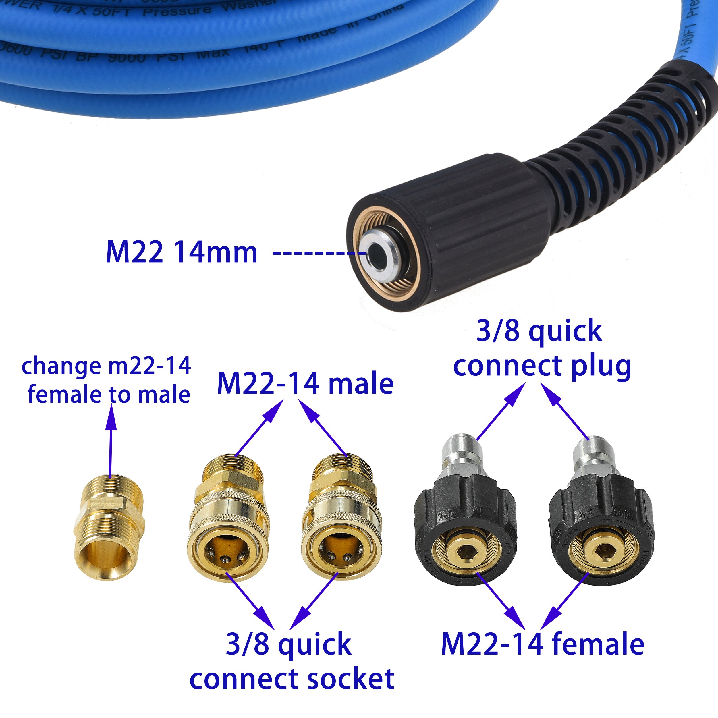Wear Resistant Flexible Blue Pressure Washer Hose 1/4" X 50 FT High Pressure Washer Extension Hose