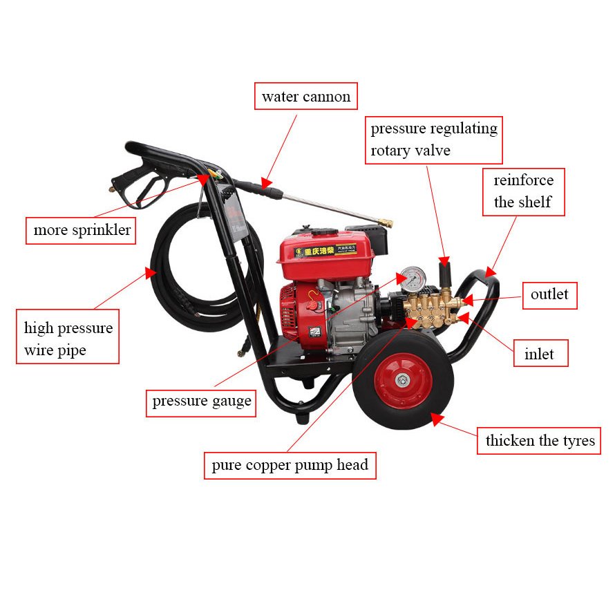 200 bar Gasoline Two Wheel Pressure Washer Portable Car Washer for cleaning and unclogging pipes