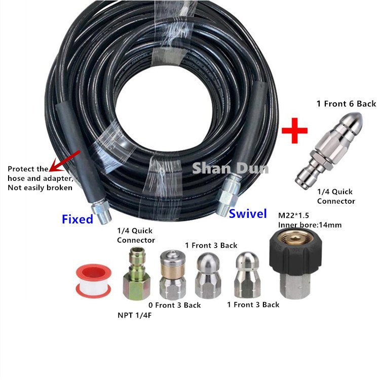 S&D High pressure washer sewer jetter kit 5800 PSI drain cleaning hose,1/4 inch NPT, rotation, button type swivel nozzle