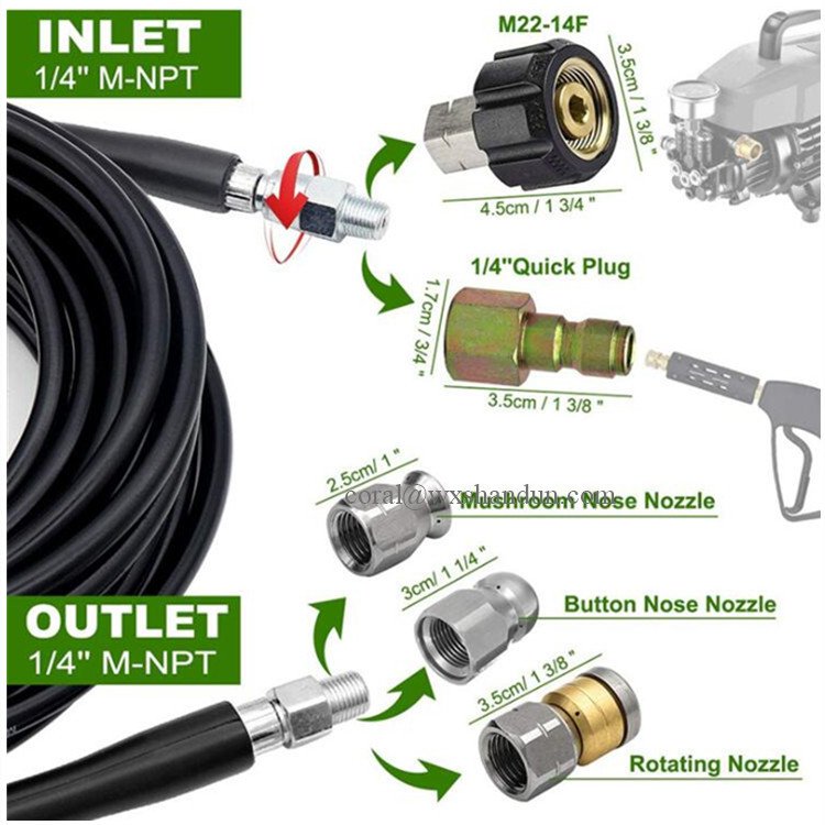 S&D High pressure washer sewer jetter kit 5800 PSI drain cleaning hose,1/4 inch NPT, rotation, button type swivel nozzle