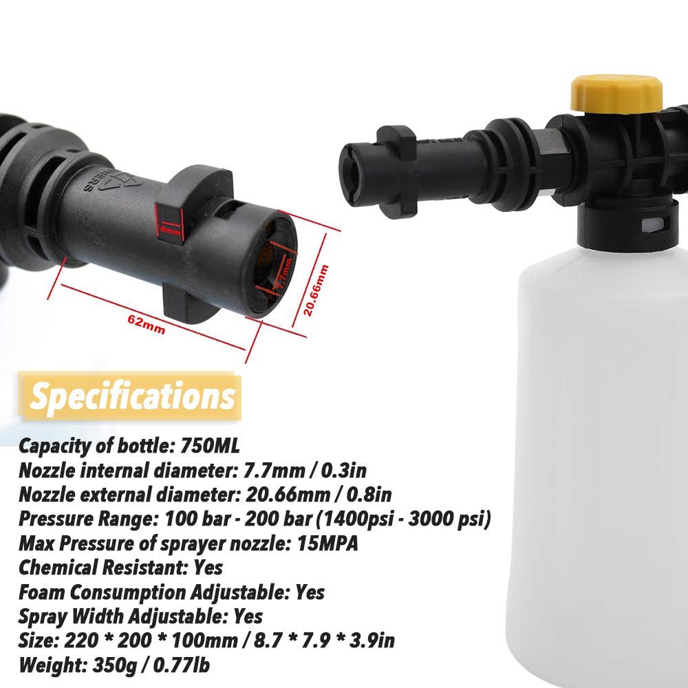 With Adjustable Sprayer Nozzle For K2 - K7 Car Pressure Washers Soap Foam Generator 750ML Snow Foam Lance
