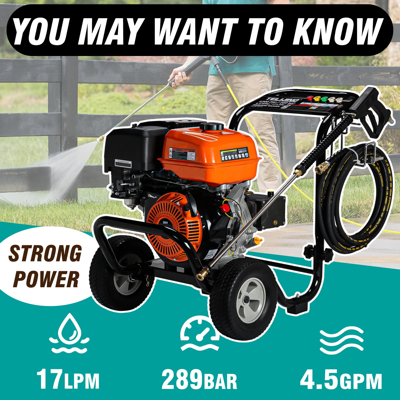 4200PSI/289Bar 8KW OHV Gasoline High Pressure Washer 420cc 3400rpm Portable Washing Machine Recoil Start for Car wash or other