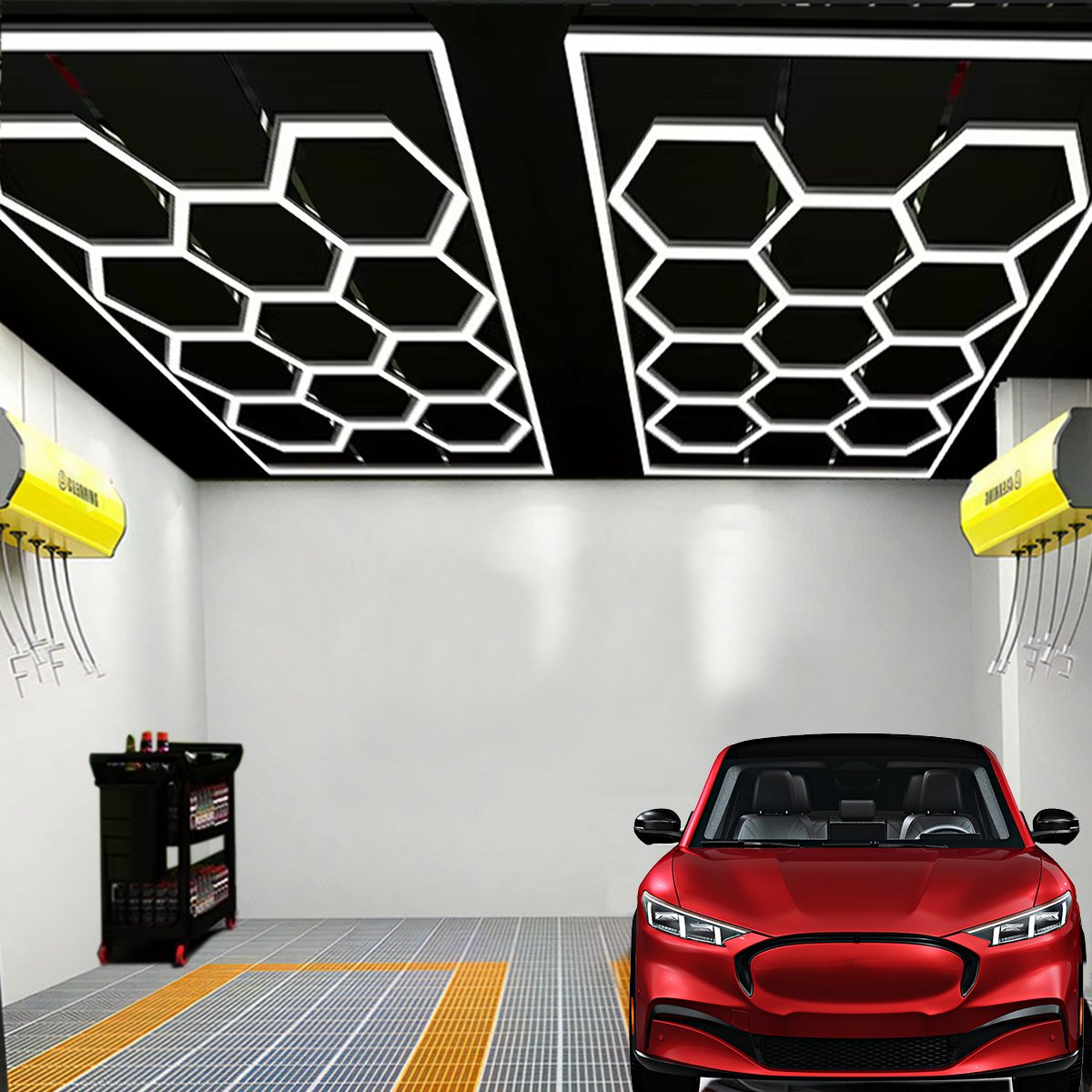 Garage Car workshop led lights detailing hanging connectors for hexagon shape grid systems shop office club honeycomb wall light