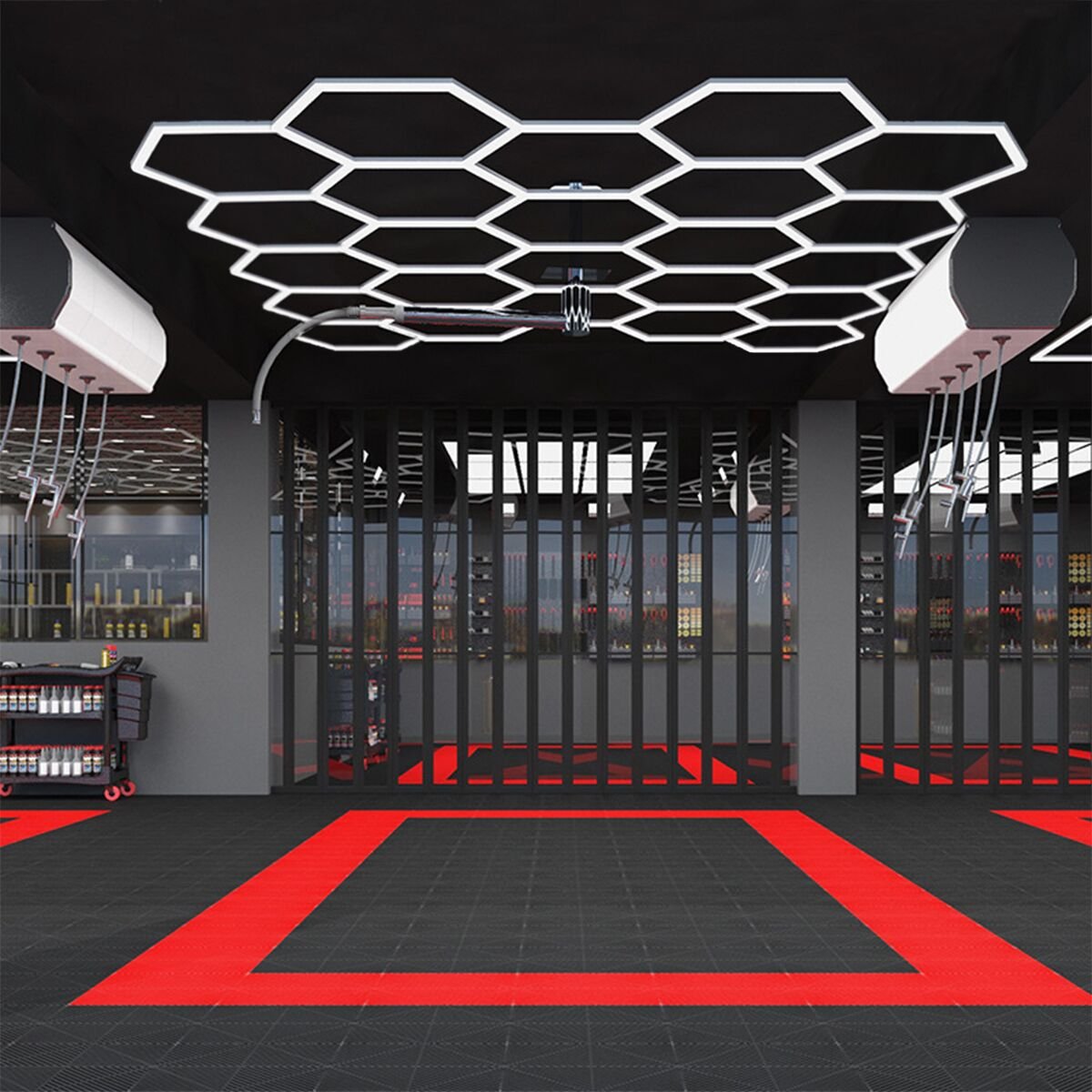 Garage Car workshop led lights detailing hanging connectors for hexagon shape grid systems shop office club honeycomb wall light