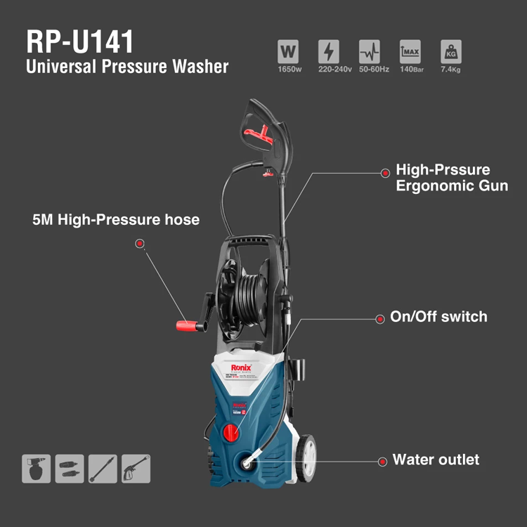 Hot Sale Ronix Model RP-U141 140Bar Long Range Oil Stain Smear Remove Professional Car Washing Machine High Pressure Washer