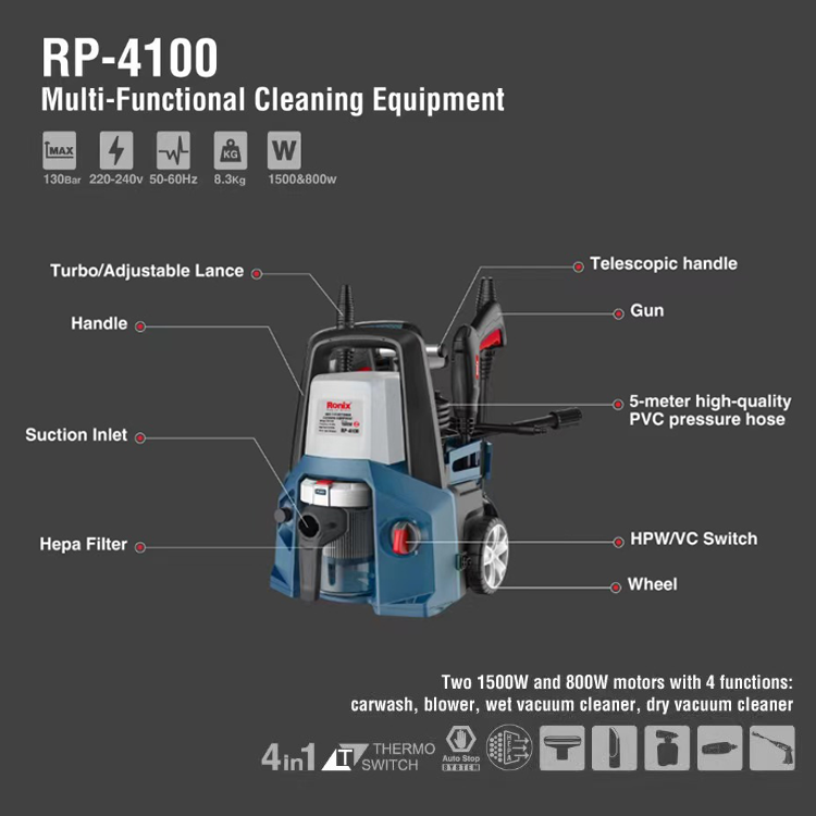 Ronix 4-in-1 Multi Purpose 1500W High Pressure Washer Cleaner Machine 130bar High Pressure Car Washing Machine
