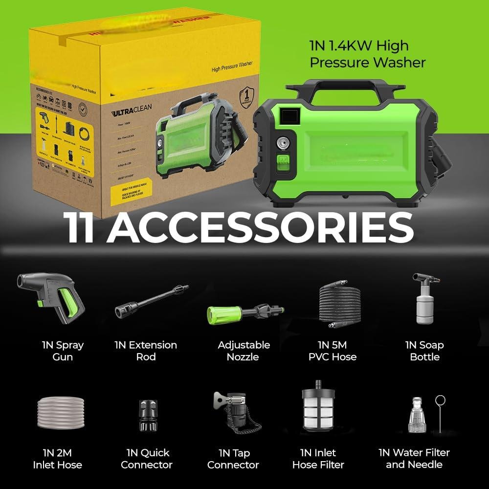 High Pressure Car Washer Pump1400 Watts Motor 120 Bars Pressure 6.5L/Min Flow Rate 5m Outlet Hose Portable Home 11 Accessories
