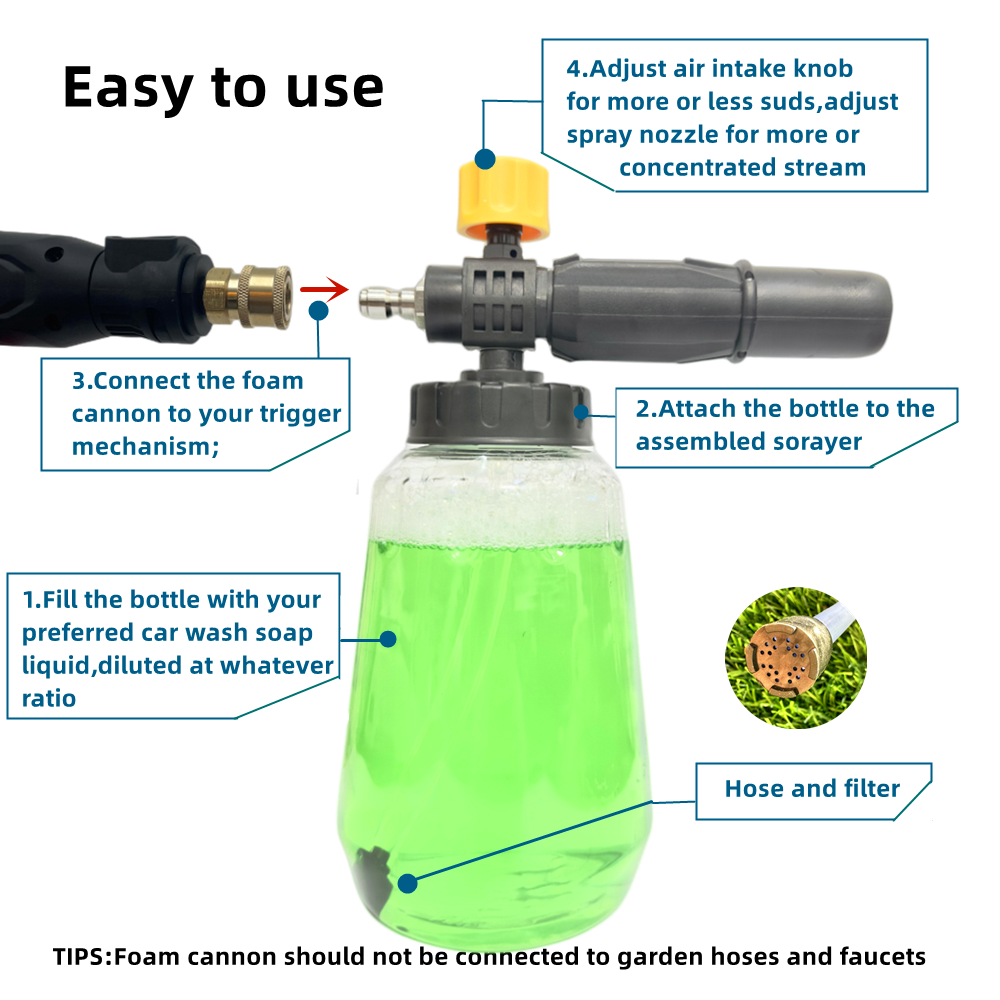 Foam Cannon 1000 ML Transparent Bottle Snow Foam Lance Washer kit, Pressure Car Washer Accessory with 1/4 inch Quick Connect