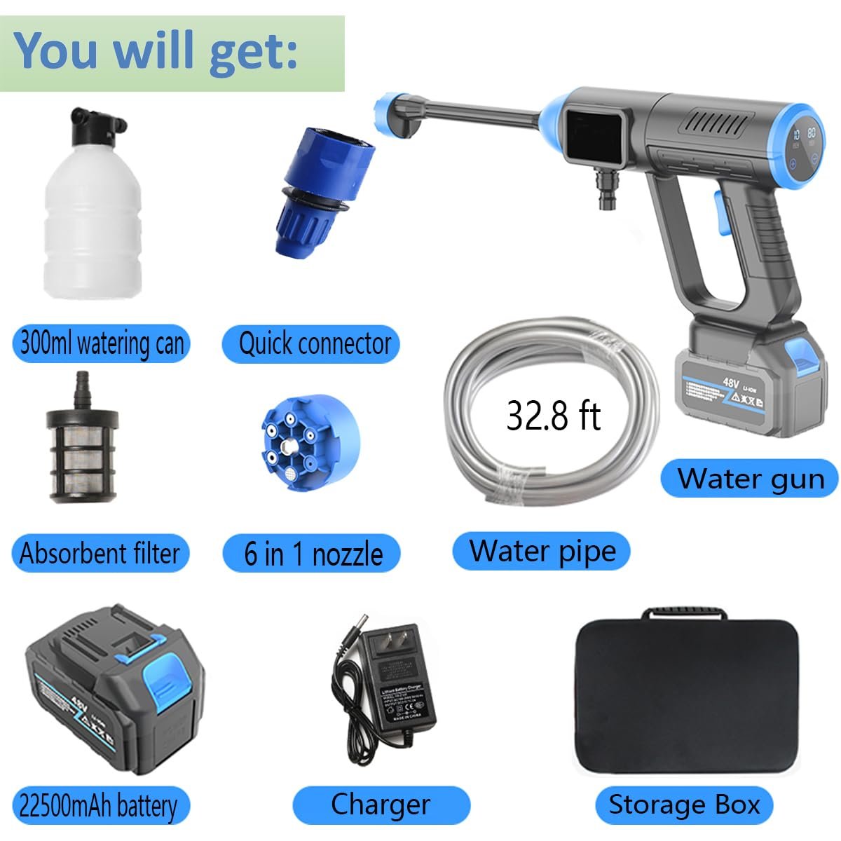 OEM 96VH Lithium Battery High Pressure car washer gun Cordless Electric Cleaning Machine Washer Spray Gun Brushless led screen