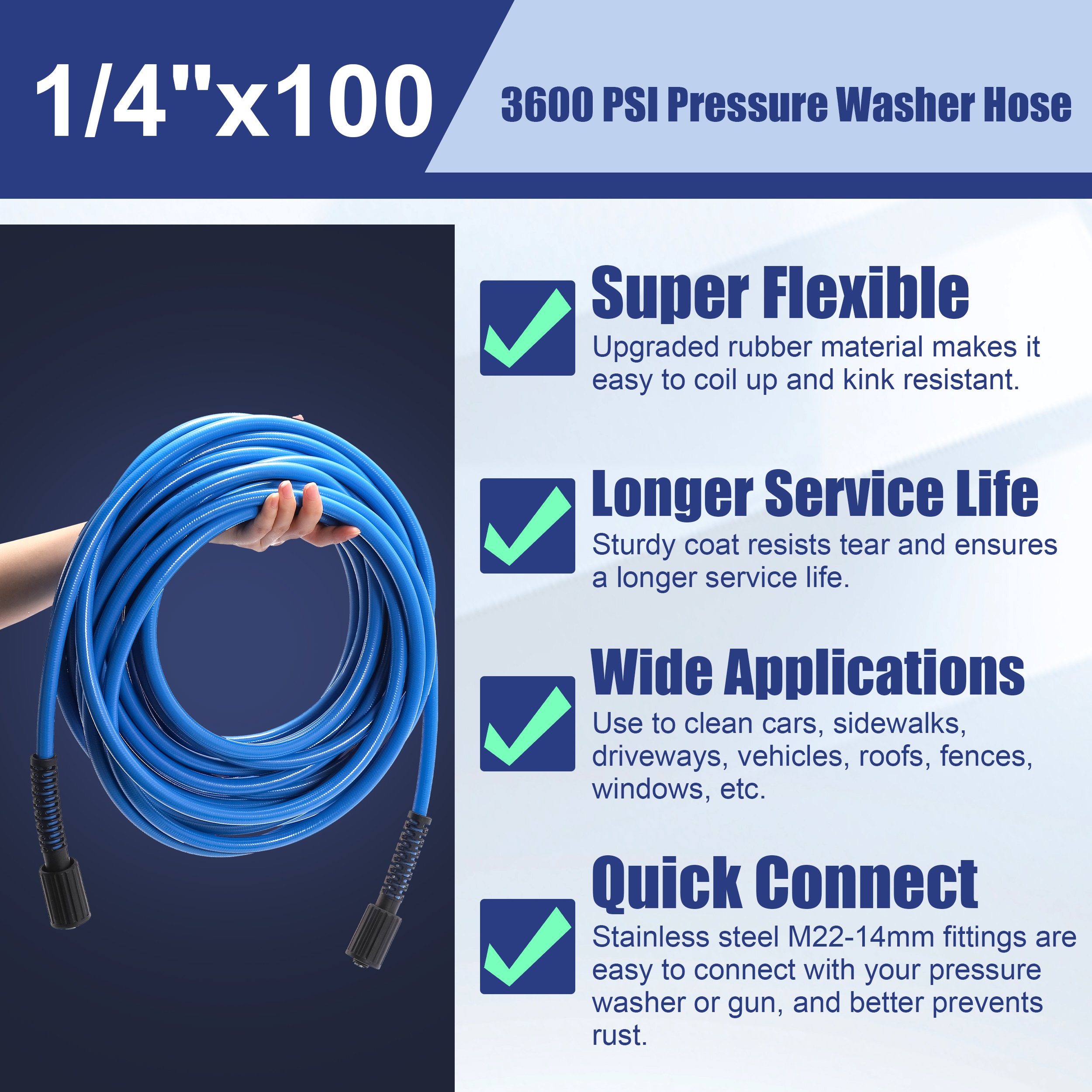 Flexible Pressure Washer Hose 100 Ft Kink Resistant Replacement Hose With M22 Fittings