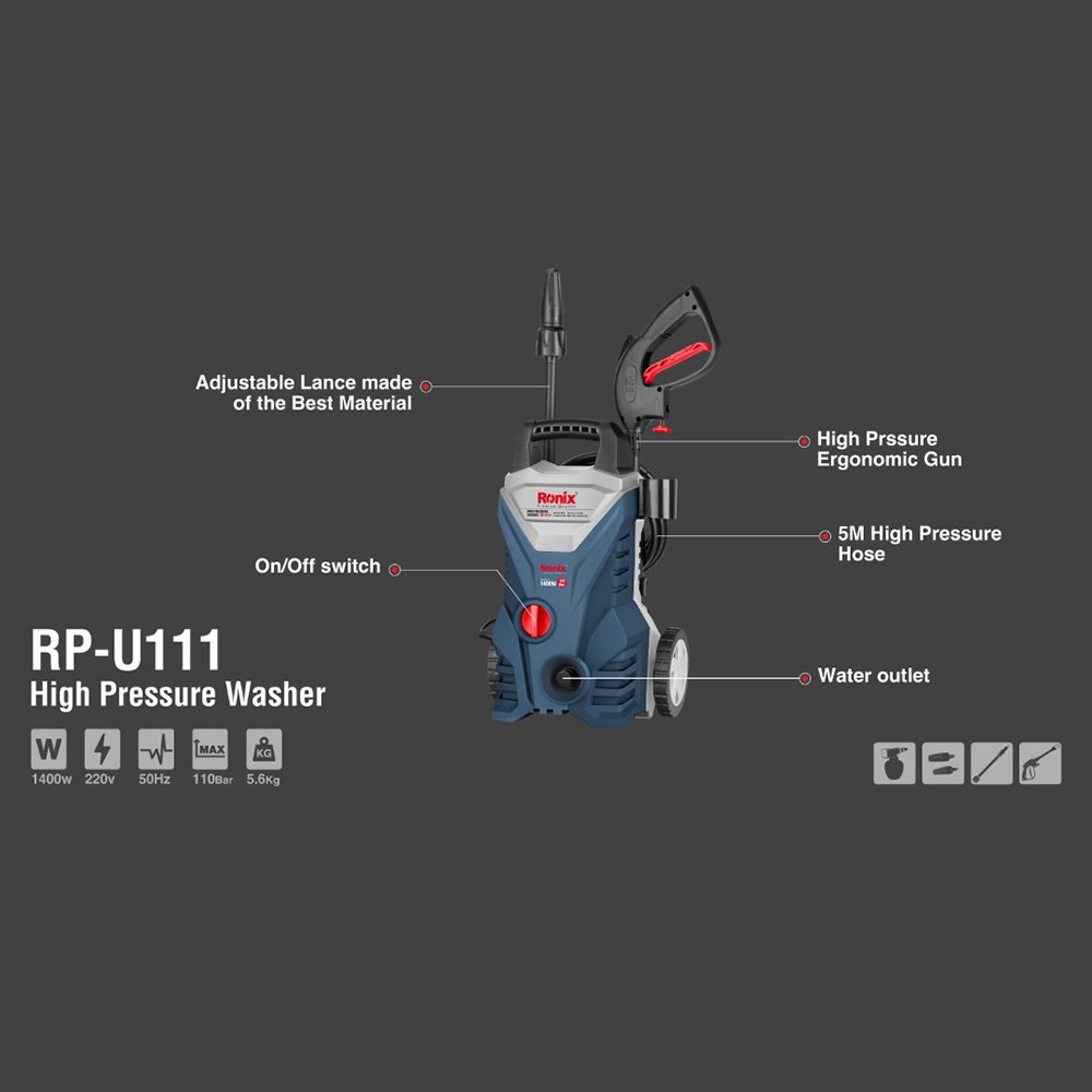 Practical Products Ronix RP-U111 110Bar Long Range Oil Stain Smear Remove Professional Car Washing Machine High Pressure Washer
