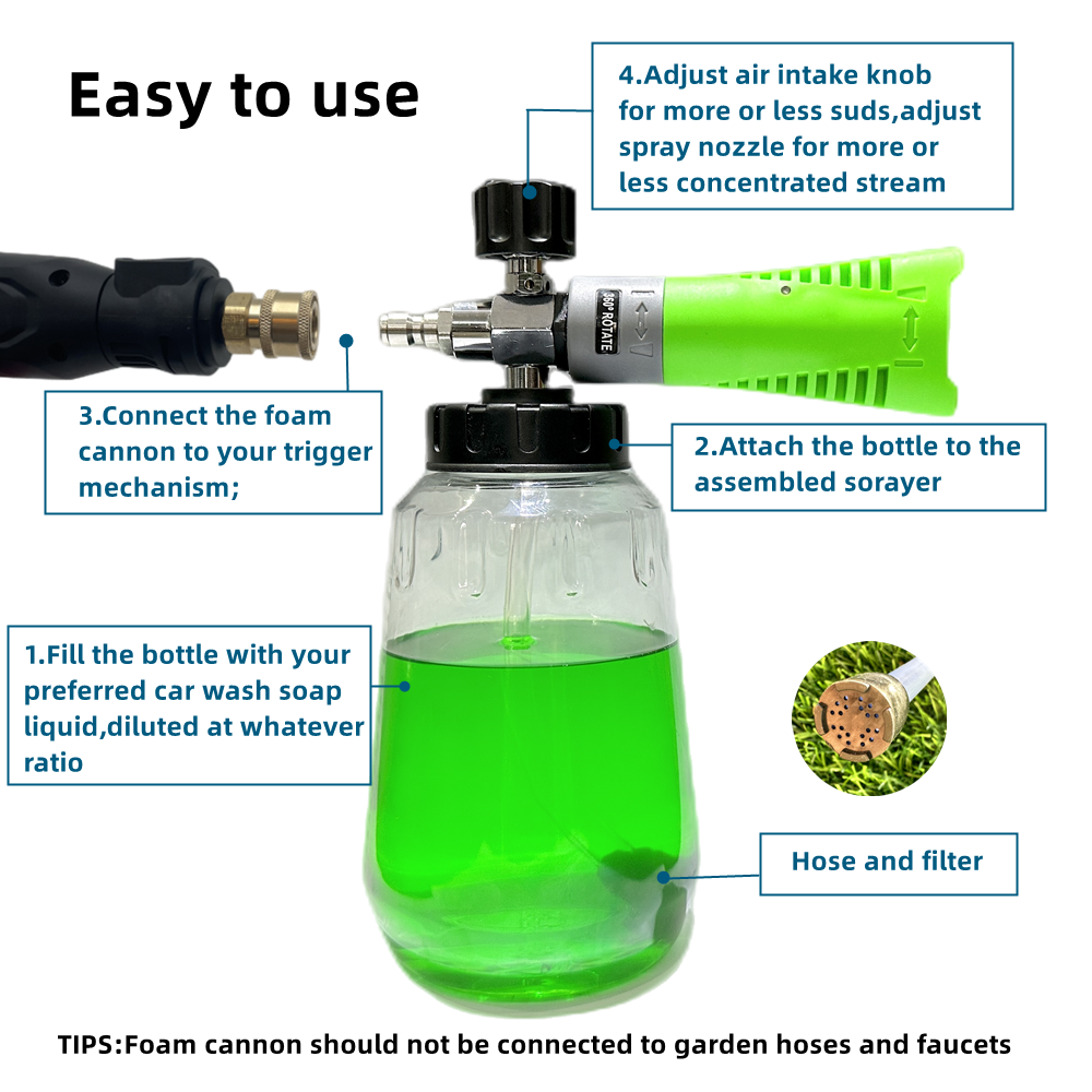 New Style Foam Cannon - Snow Foam Lance Kit, High Pressure Car Washer Accessory 1/4 Quick Connect & Adjustable Nozzle